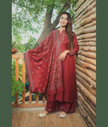 SAFAA Unstitched Woollen Self Design Dress Material - Maroon ( Pack of 1 )