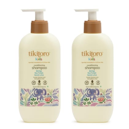 Tikitoro Kids Conditioning Shampoo, 100% Vegan with Moringa, Rice Protein and Sacred Lotus Extract with No Parabens & Sulphates (Age: 4+ Years) (300 ml x 2) Tikitoro Kids Conditioning Shampoo, 100% Vegan with Moringa, Rice Protein and Sacred Lotus Extrac