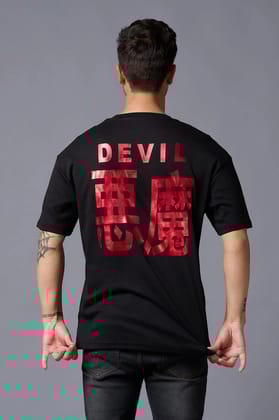 Chinese Devil in Red Foil Print Black Oversized T-Shirt for Men S