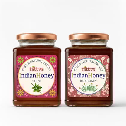 IndianHoney Red Honey with Tulsi Honey Combo (Pack of 2) | Pure & Natural | 1kg (500g Each) | Unprocessed & Unfiltered Natural Sweetener
