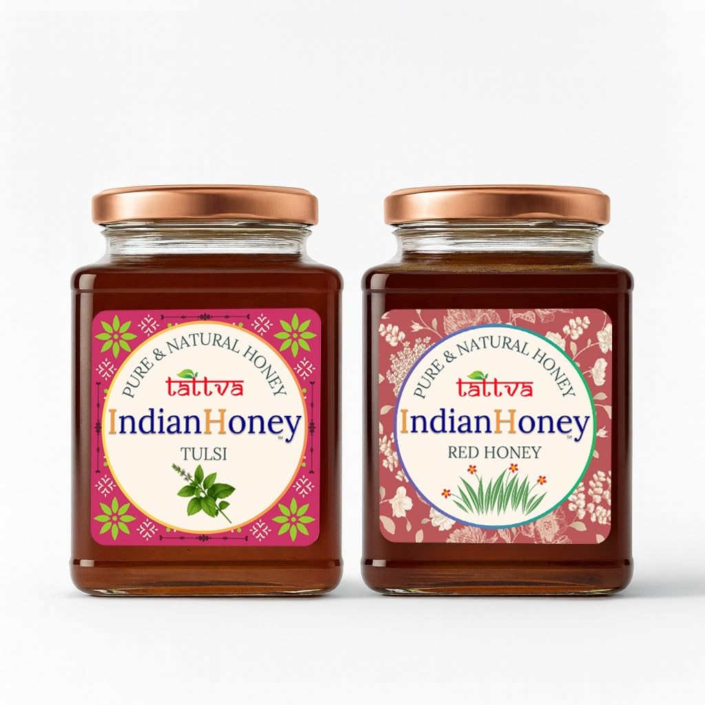 IndianHoney Red Honey with Tulsi Honey Combo (Pack of 2) | Pure & Natural | 1kg (500g Each) | Unprocessed & Unfiltered Natural Sweetener