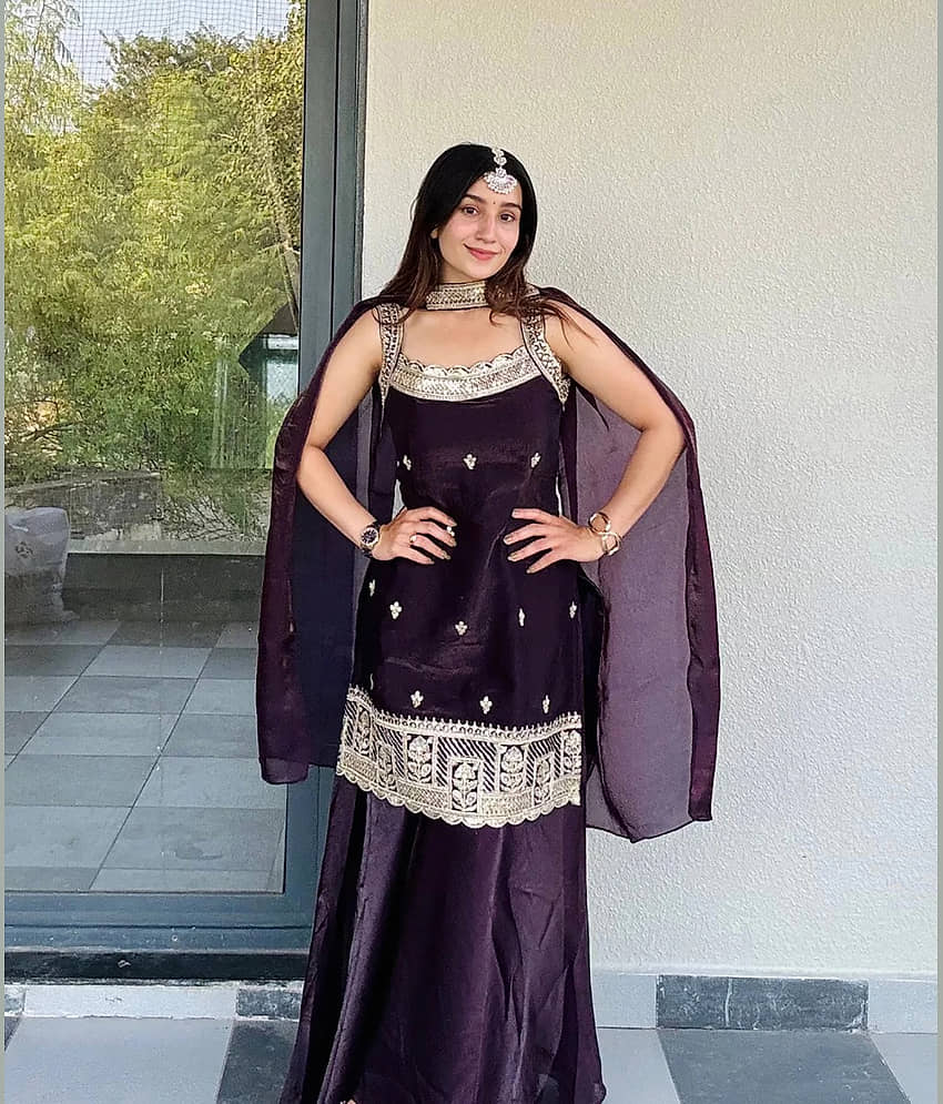 kedar fab Women Silk Embroidered Straight Kurti With Palazzo ( Purple )