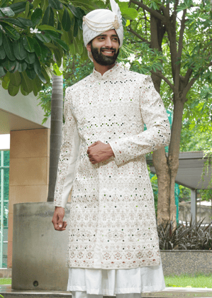 Off White Embroidered Sherwani-Off White