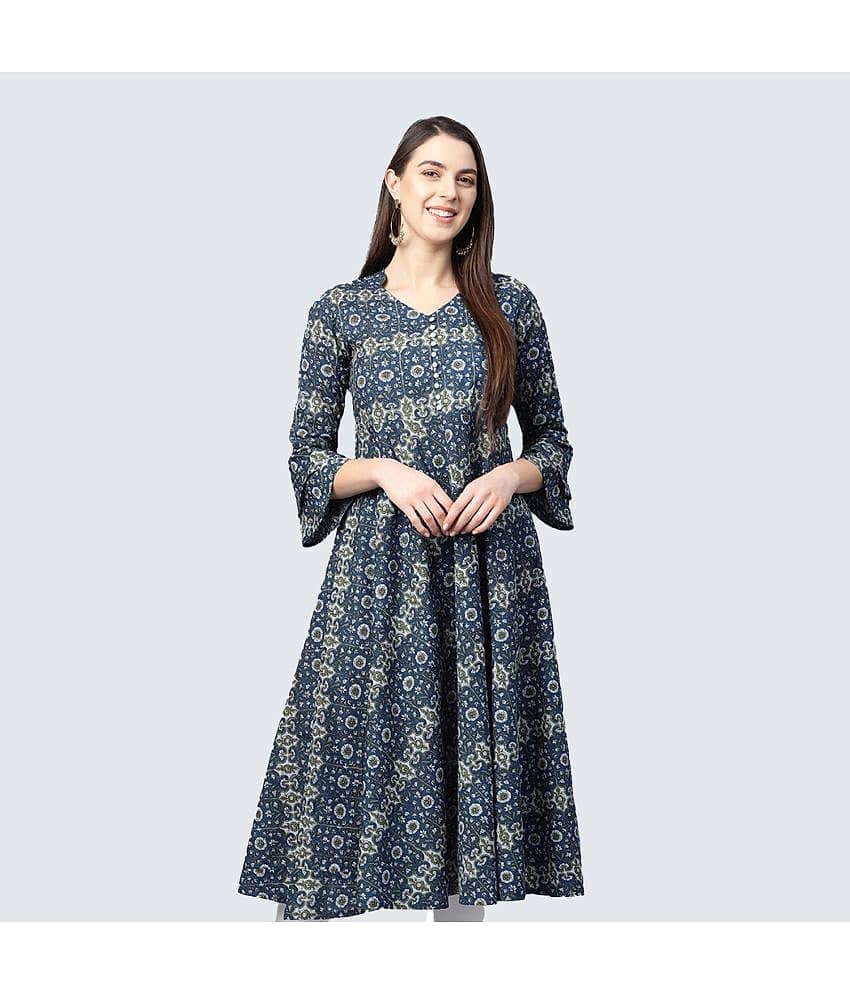 Yash Gallery - Blue Cotton Women's Flared Kurti ( Pack of 1 )