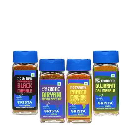 CRISTA Flavours of India - Gourmet Indian Spice Blends Combo (Maharashrian Black Masala 50 gm, Biryani Spice Mix 45 gm, Gujarati Dal 50 gm & Paneer Makhani Gravy Spice Mix 50 gm) - Pack of 4