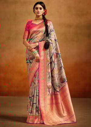 Pink And Beige Woven Banarasi Silk Saree With Kalamkari Print