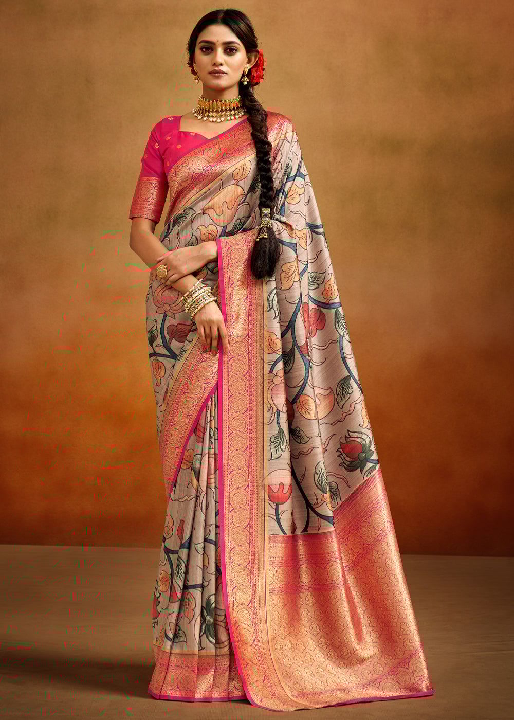 Pink And Beige Woven Banarasi Silk Saree With Kalamkari Print