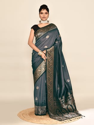 Grey & Black Pure Soft Silk Floral Designed Banarasi Weaving Saree