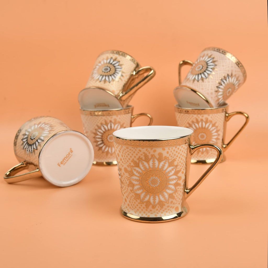 Femora Lotus Pattern with Golden Handle Golden Tea Mugs, Ceramic Tea Cups, Coffee Mugs (180 ml, Golden) - 6 Pcs Set
