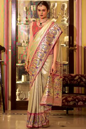 Fawn Beige Paithani Tissue Silk Saree