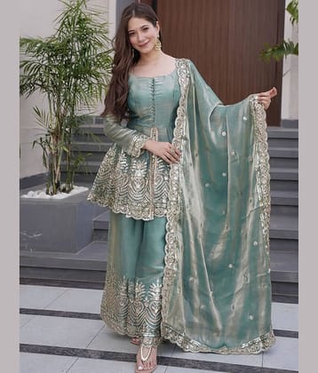 Eeloo Women Silk Embroidered Straight Kurti With Pants ( Blue )