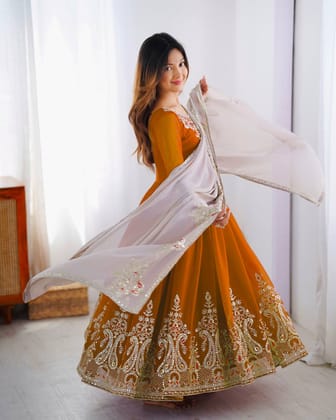 Party Wear Look Gown-Dupatta-M / Orange