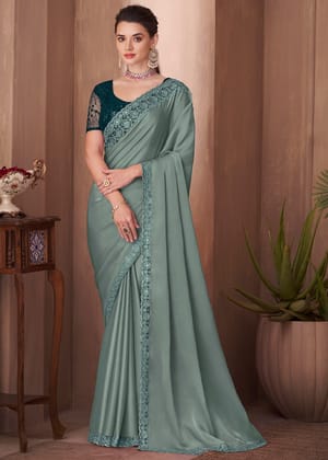 Saga Green Woven Satin Silk Saree With Embroidered Blouse