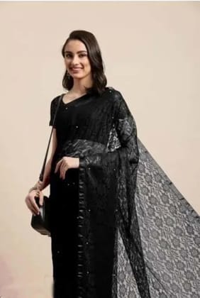 ANSH Womens Net Solid Saree length (5.5m) & Blouse Piece Size (0.8m) (Black)
