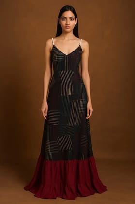 Pure Ajrakh Evening Dress with Pearl Detail