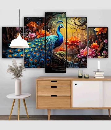 SNDArt Set Of 5 Modern Art Peacock Wall Paintings For Living Room 18 x 30 inch
