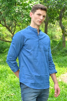 Asia - Denim Kurta Shirt - Blue-S-38 / BLUE