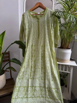 Chikankari Resham Jaal Kurti - Green-Green / Semi Georgette / S