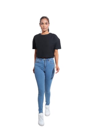 Kinnko Premium Loopnet Womens Black Solid Crop T-Shirt  Plain