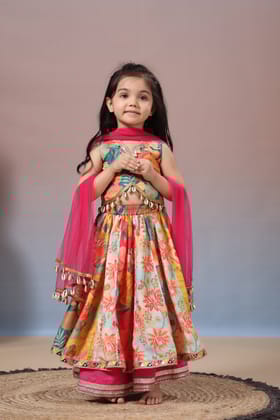V Neck Hanging Tassels Enhanced Multicolour Top and Layered Lehenga with Pink Dupatta-0-6 months