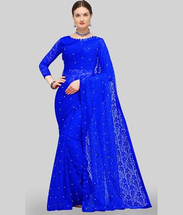 VANRAJ CREATION Net Self Design Saree With Unstitched Blouse Piece ( Blue )