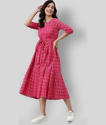 Janasya Women Cotton Printed Fit & Flare Dress ( Pink )
