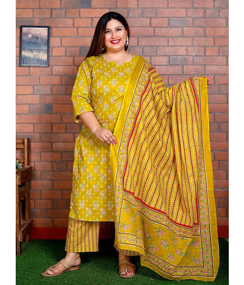 Swasti Women Cotton Printed Straight Kurti With Palazzo ( Yellow )