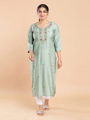 Kalyan Silks Thread Worked Grey Green Kurti Top