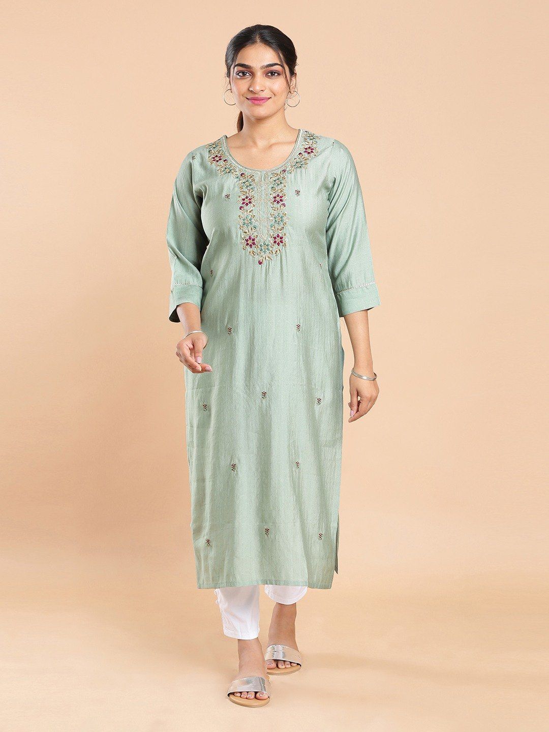 Kalyan Silks Thread Worked Grey Green Kurti Top