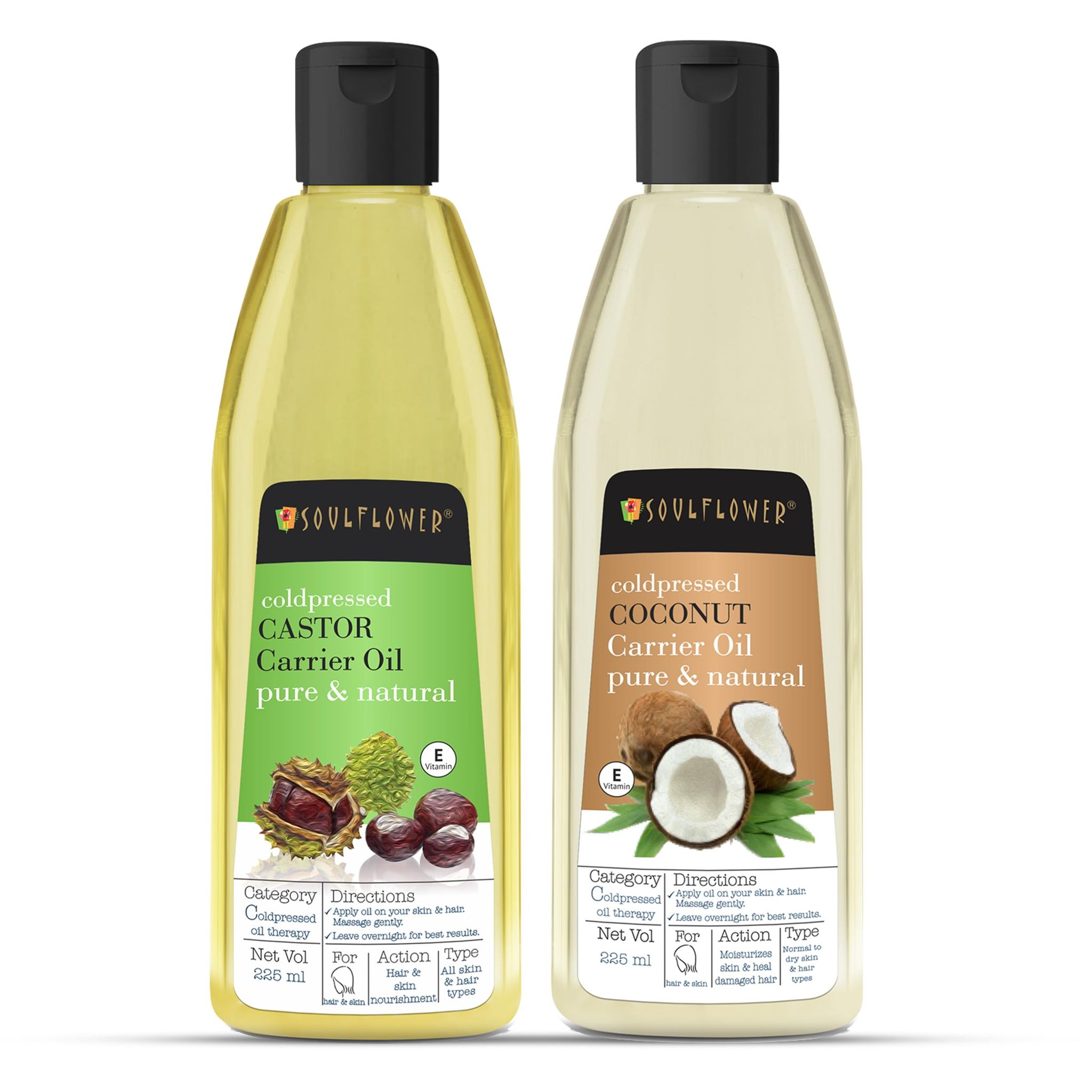Soulflower Castor Oil & Coconut Oil for Hair Growth, Hair Fall Control, Moisturizing Skin, Nourishment, Massage |100% Pure & Natural, Ecocert Cosmos Organic Certified Pack of 2-225ml Each Soulflower Castor Oil & Coconut Oil for Hair Growth, Hair Fall Con