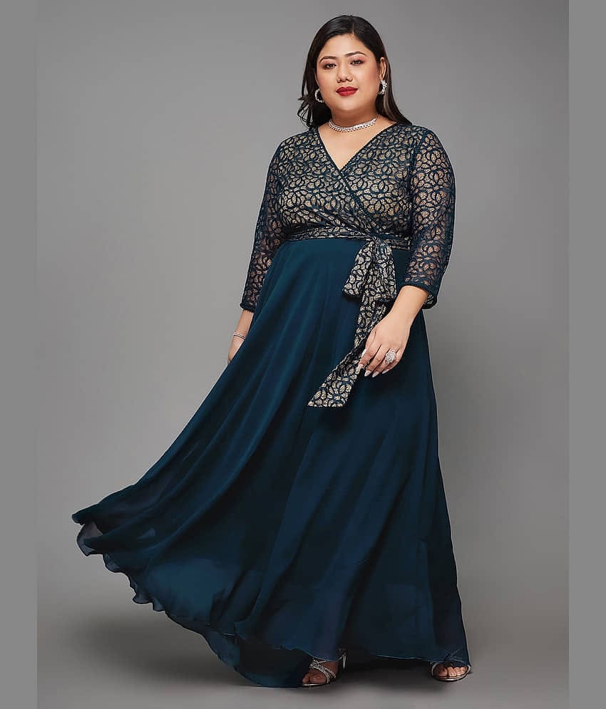 Miss Chase A+ Women Georgette Self Design Fit & Flare Dress ( Teal )