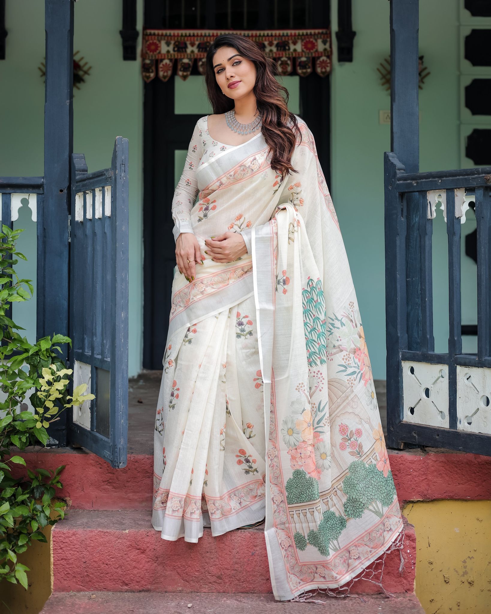 Ivory Pure Cotton Linen Saree with Pastel Floral Design, Blouse, and Tassel Detailing-Regular