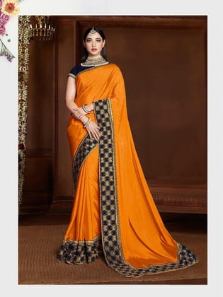 Demanding Orange Colored Party Wear Embroidered Silk Saree