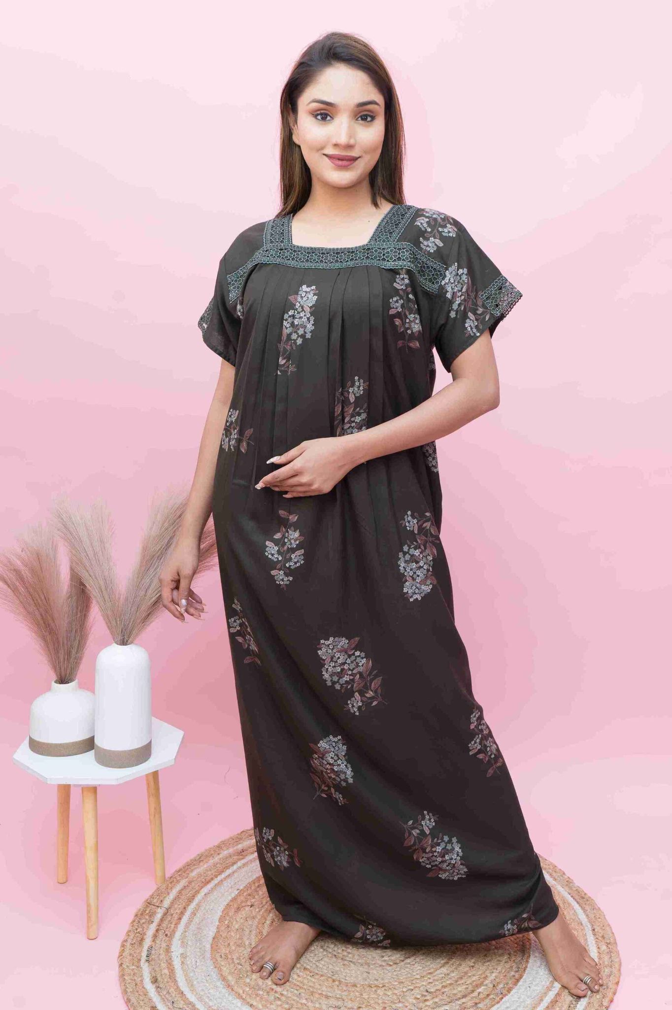Elegant Lace-Trimmed Nighty | Alpine Fabric | Pleated  Flow &amp; Comfortable Fit