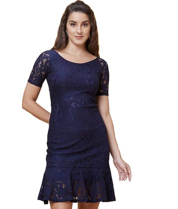 Globus Polyester Self Design Knee Length Women's Bodycon Dress - Navy ( Pack of 1 )