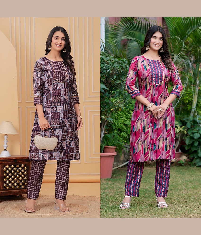 YAGNIK FASHION Women Rayon Self Design A-line Kurti With Pants ( Multicolor 4 )