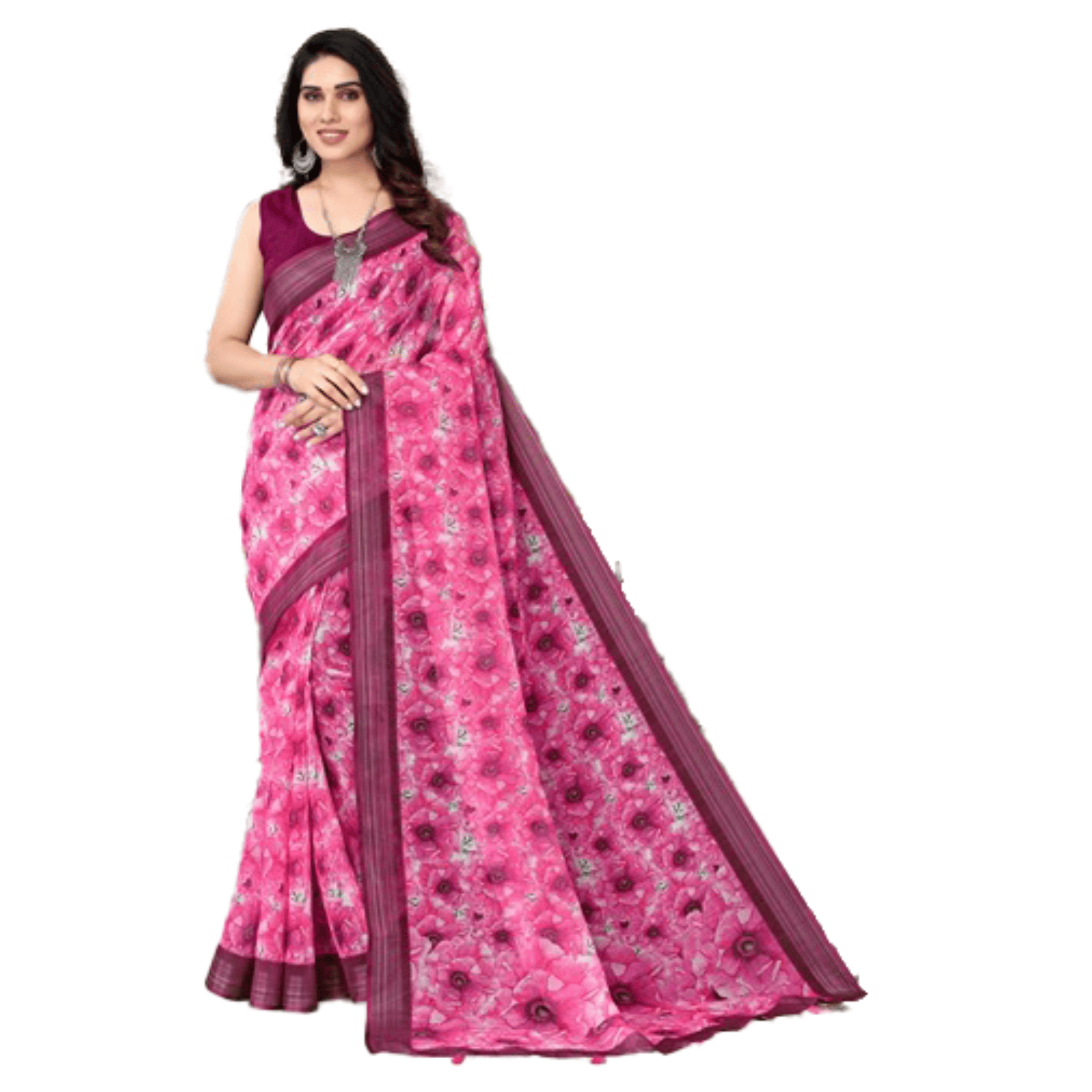 TheHangr Women's Pink Printed Saree With Brown Border And Running Pallu