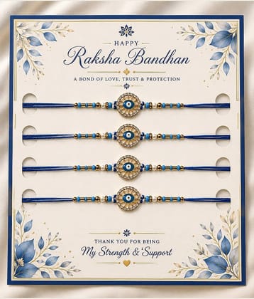 Rhosyn Fancy 4 × Evil Eye (Nazar) Rakhis 1 × Greeting Card 1 × Small Roli Pack Adjustable Rakhi ( Pack of 4 , Blue )