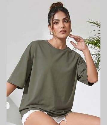 Addyvero Women Cotton Blend Solid Oversized Fit Round Neck T-Shirt ( Olive )