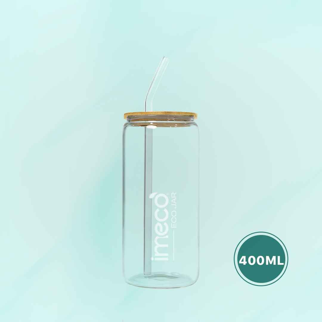 IMECO ECO JAR Glass Sipper with Bamboo Lid (400 ml) | Borosilicate Glass & Leakproof Seal | Daily Hydration