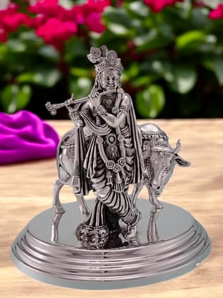 Pure Silver Krishna With Cow Idol-160 gm - 3 inch