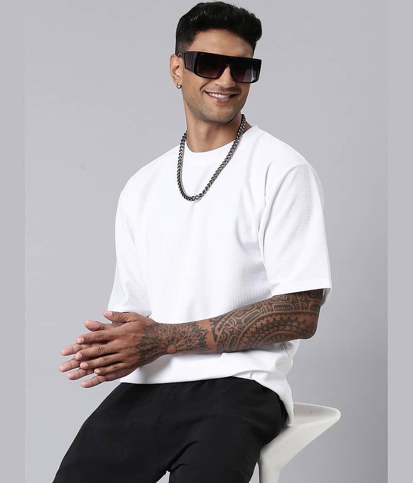 LEWEL Polyester Oversized Fit Solid 3/4th Sleeves Men's Round T-Shirt - White ( Pack of 1 )