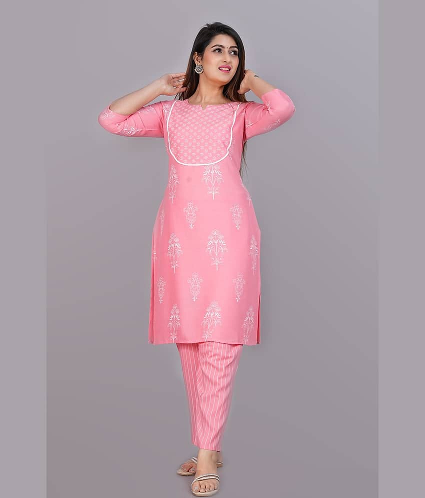 Metafab Women Viscose Printed Straight Kurti With Pants ( Grey )