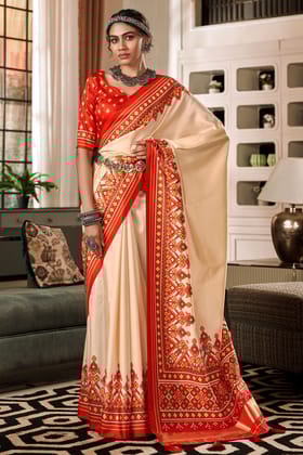 Off White Tussar Silk Saree With Patola Print