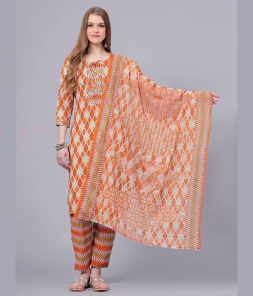 JC4U Cotton Printed Kurti With Pants Women's Stitched Salwar Suit - Orange ( Pack of 1 )