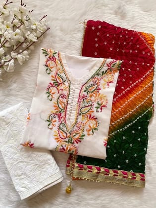 Thread Embroidery work Kurti with Chikankari Pant & Jaipuri moti work bandhani dupatta Set-L (40)
