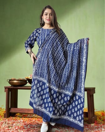 Mehek Cotton Suit Set Natural Blue Handblock Print-36 (S)