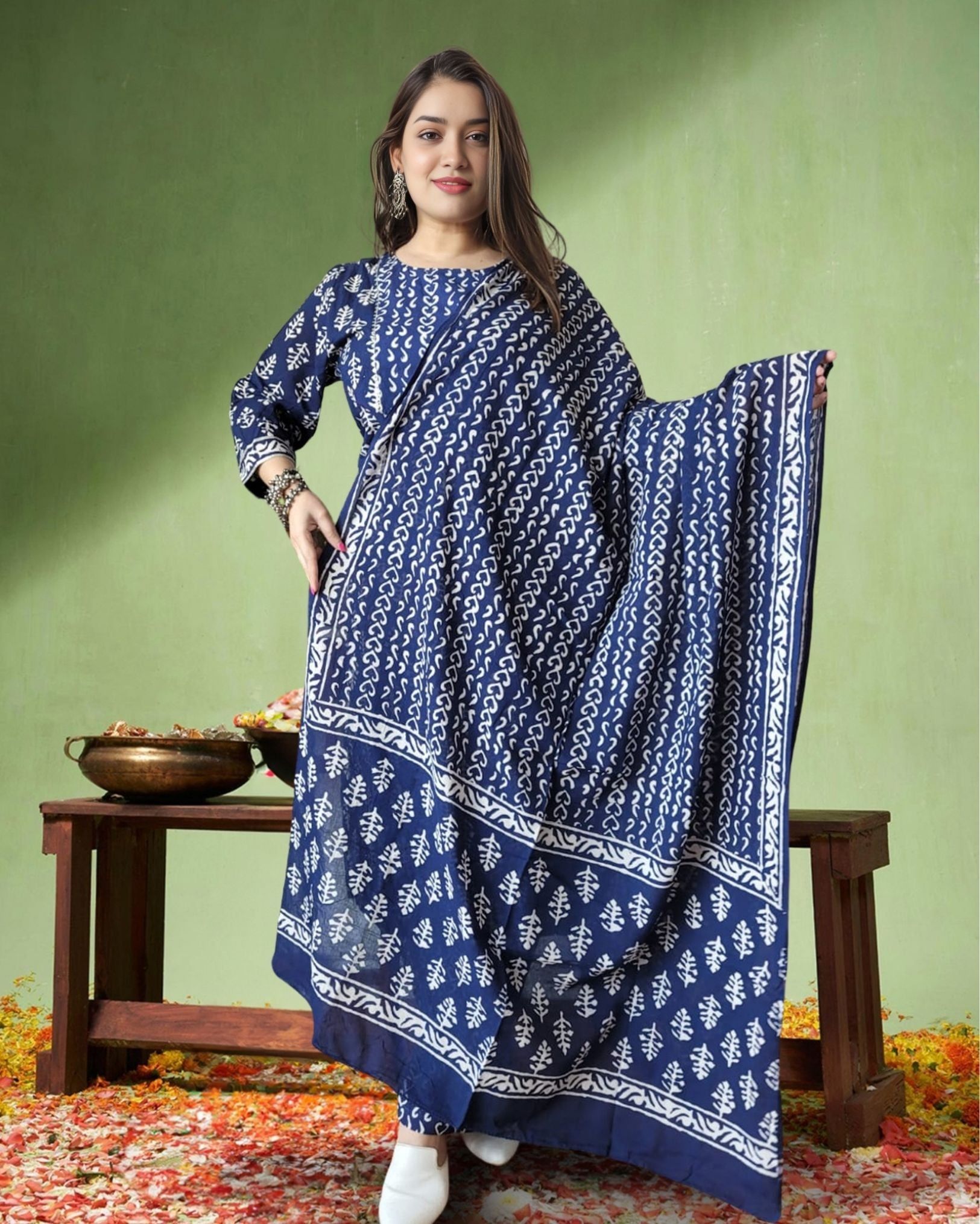 Mehek Cotton Suit Set Natural Blue Handblock Print-36 (S)