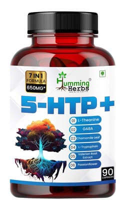 Humming Herbs 5-HTP+ with L-Theanine, L-Tryptophan, GABA, Valerian Root Extract, Chamomile Leaf, Passion Flower (Hydroxytryptophan) Mood & Sleep Support 7in1 | 650MG, 90 Capsules
