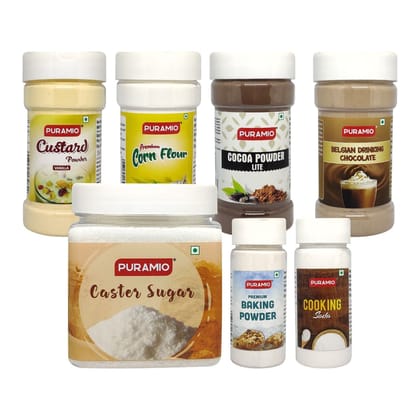 Puramio Kitchen/Home Essentials Combo Pack - (Corn Flour, Custard Powder, Baking Powder, Cooking Soda, Cocoa Powder, Drinking Chocolate),100 gm Each & Caster Sugar, 500 gm - Pack of 7